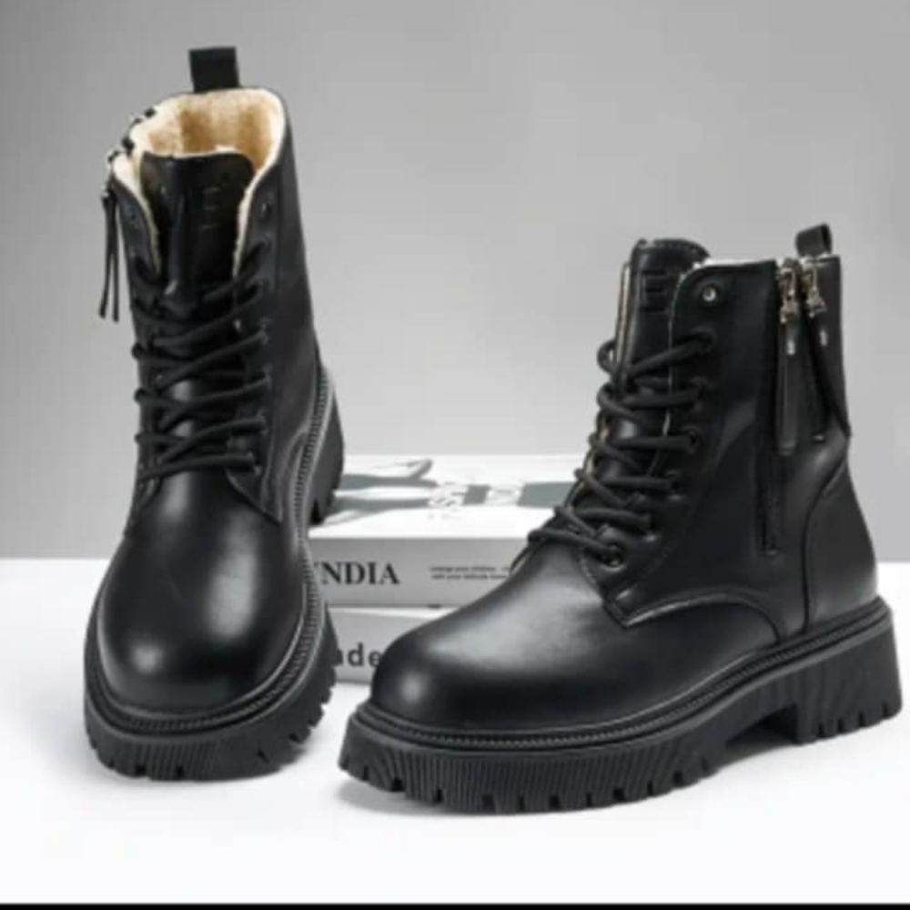 Black Faux Leather Fleece Lined Lace-Up Ankle Boots Size 38, 41, 42 Available